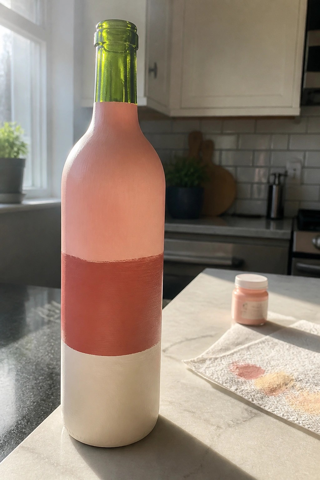 Painted wine bottle with white, coral, and pink sections on kitchen counter