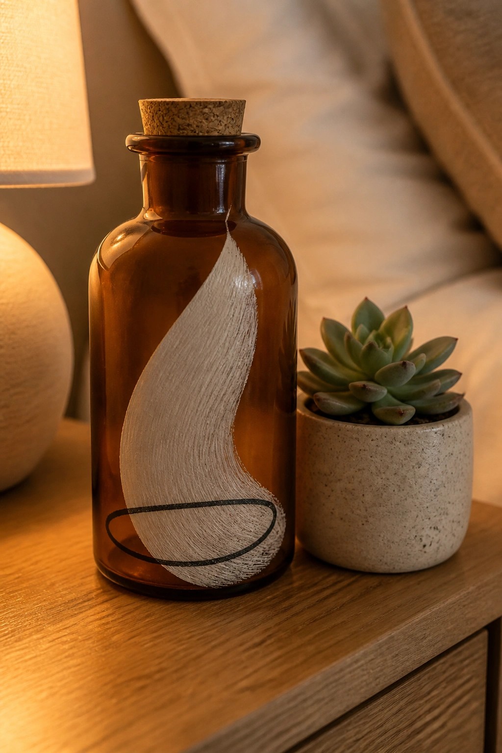 Corked brown glass bottle with white design beside succulent in speckled pot on wood