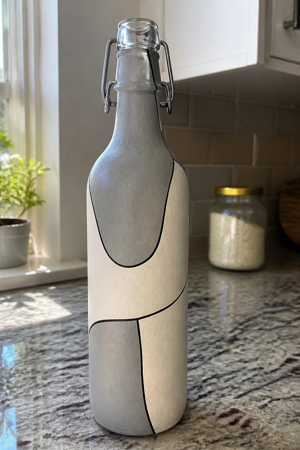 Painted white glass bottle with black abstract lines and swing-top lid on marble counter.