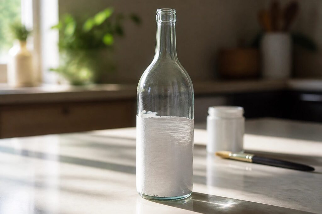 21 Modern Glass Bottle Painting Ideas in Minimalist Color Palettes Glass bottle with bottom half painted white on kitchen counter