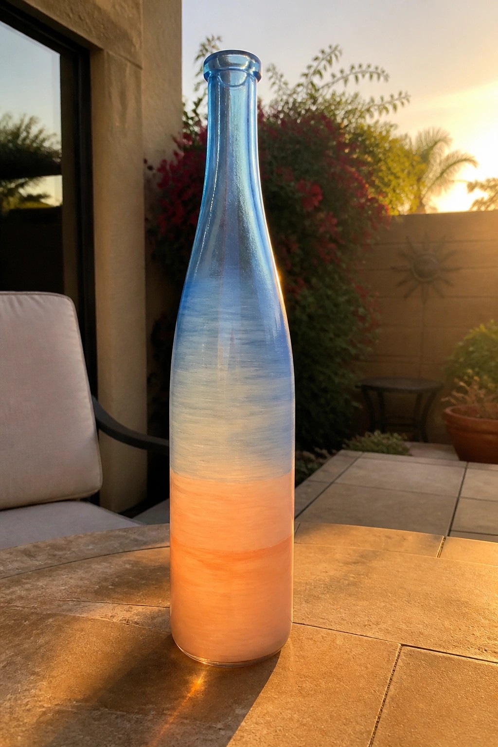 Tall gradient blue-to-orange glass bottle on stone patio table at sunset