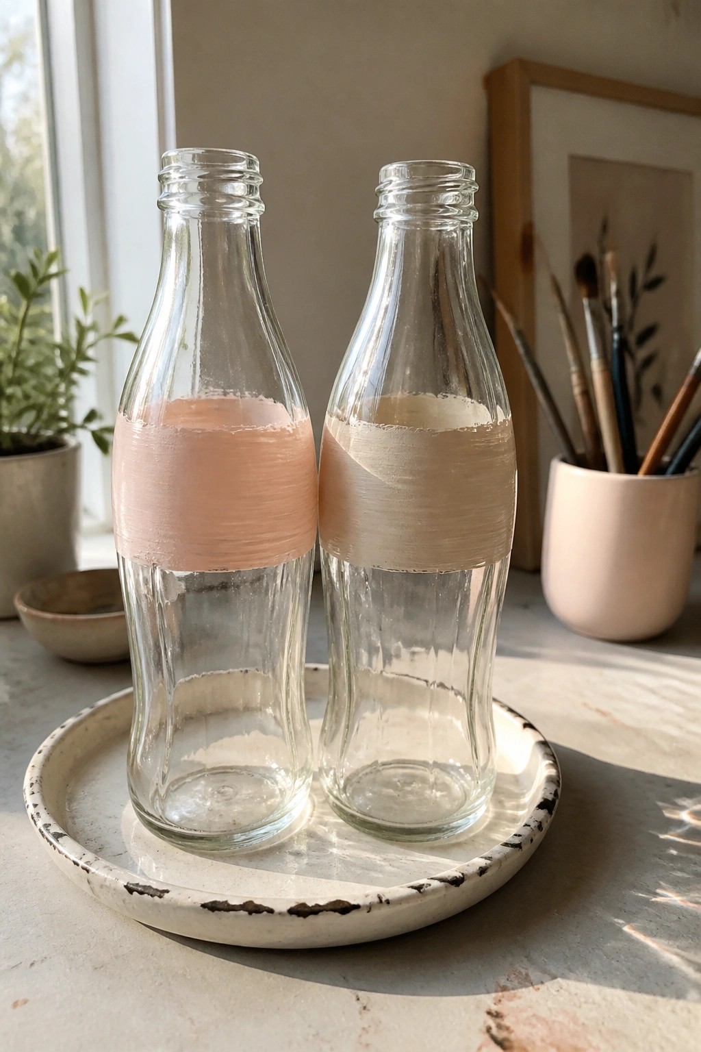 Two glass bottles with peach and beige painted bands on a speckled tray