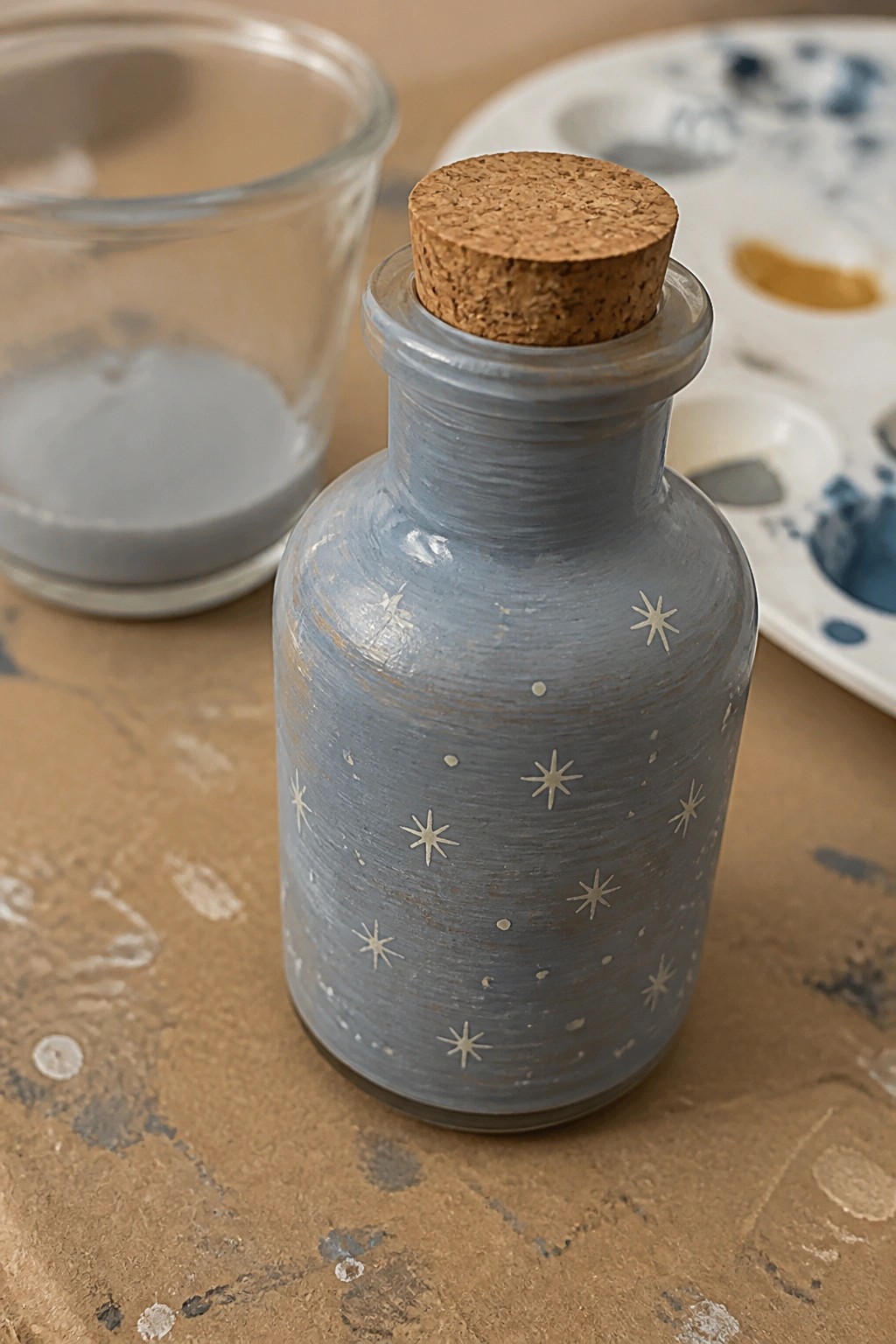 Small blue bottle with cork, painted stars and dots, on wooden table with palette.