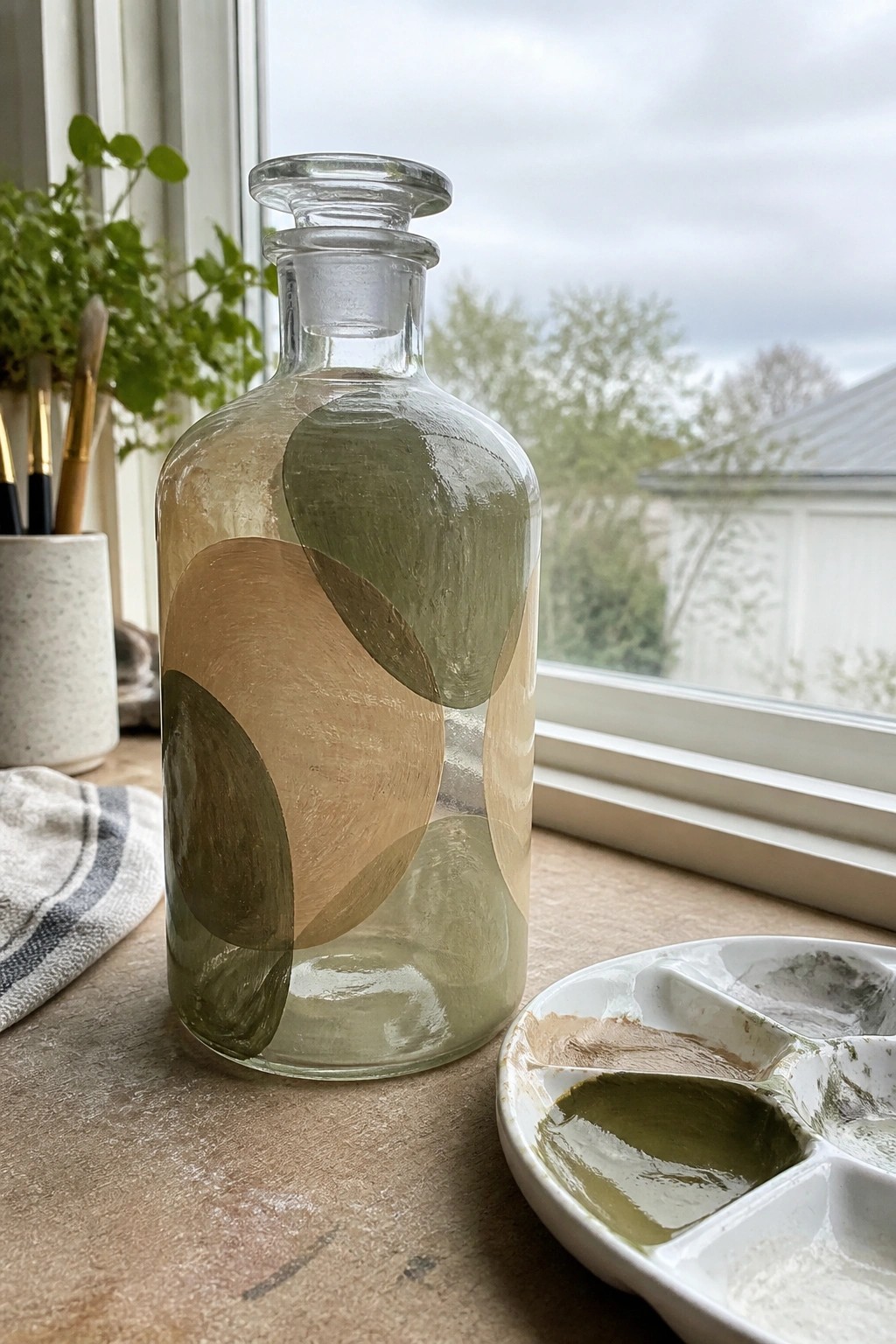 Glass bottle with overlapping green and beige circles beside paint palette on windowsill.