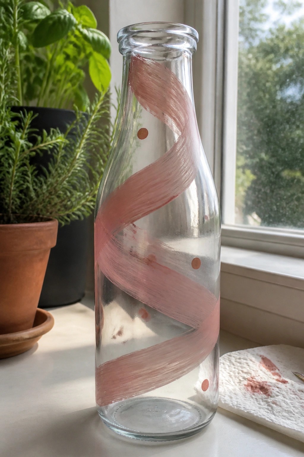 Glass bottle with pink swirls and dots on windowsill near potted plants
