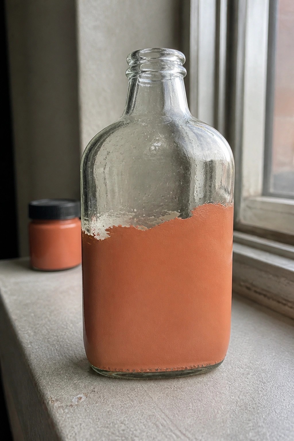 Glass bottle partially coated with orange paint on windowsill beside small jar.