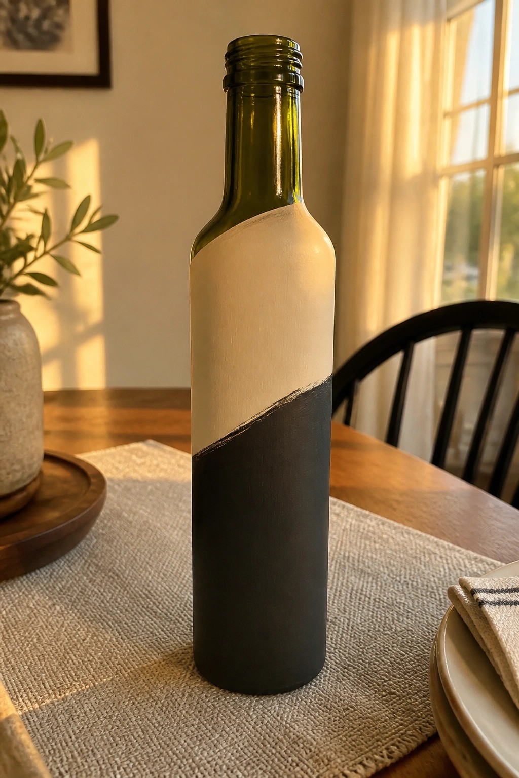Green wine bottle with diagonal white and black painted sections on table