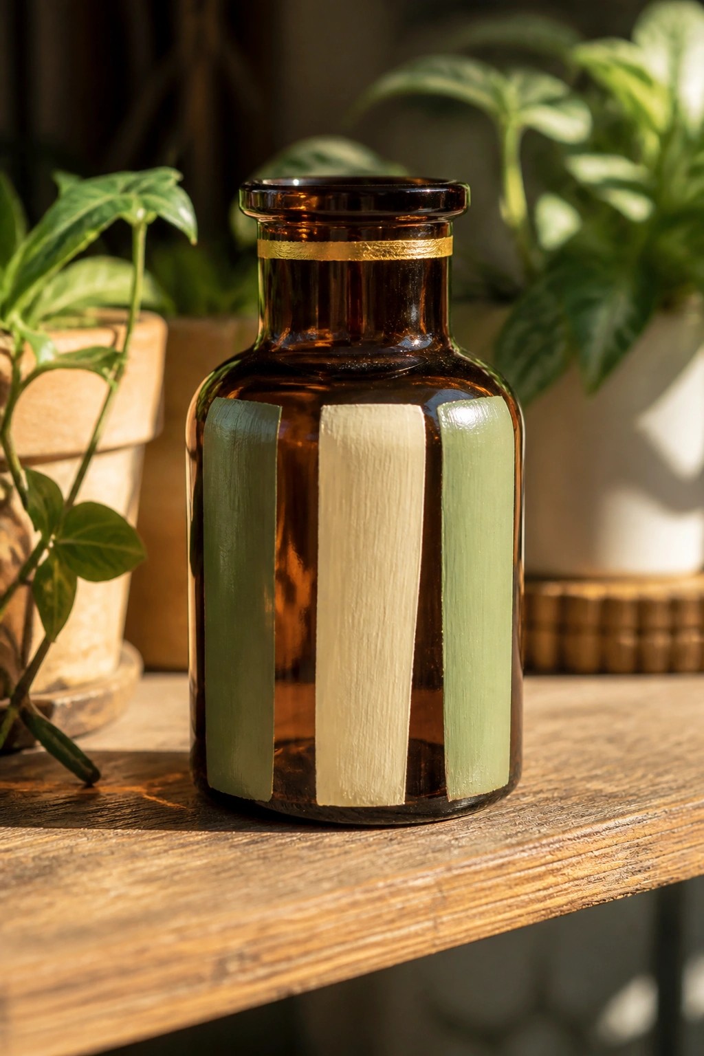 Brown glass vase with green and cream vertical stripes on wooden table