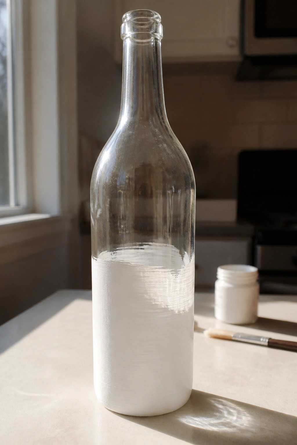 Glass bottle with bottom half painted white on kitchen counter
