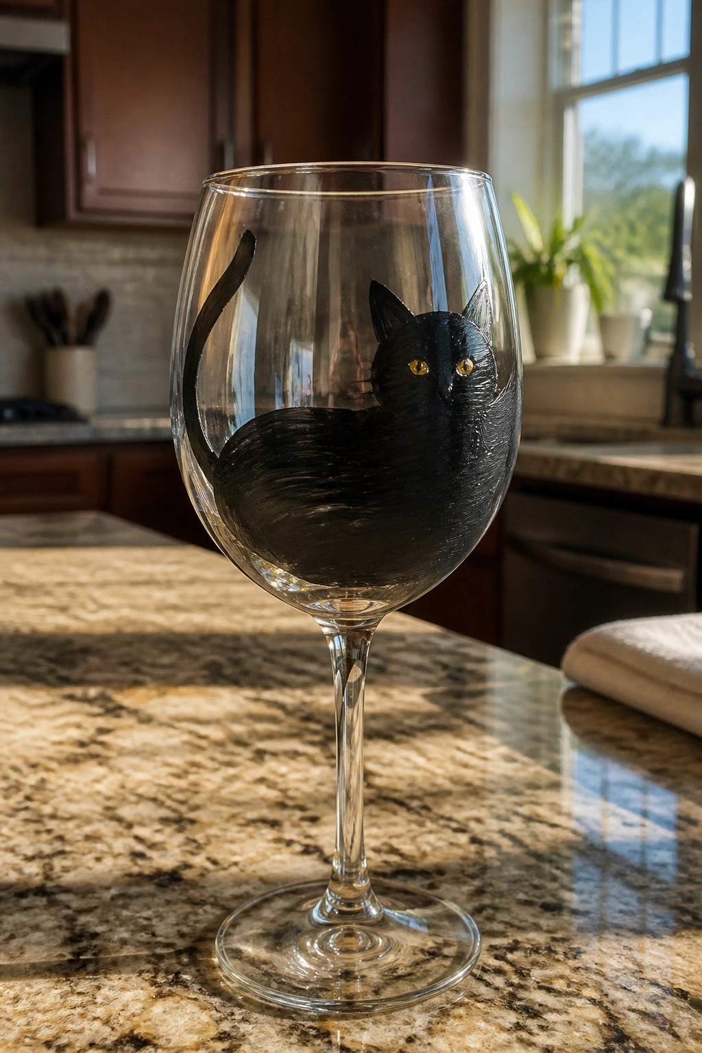 Stemmed wine glass with black cat painting and yellow eyes on granite counter