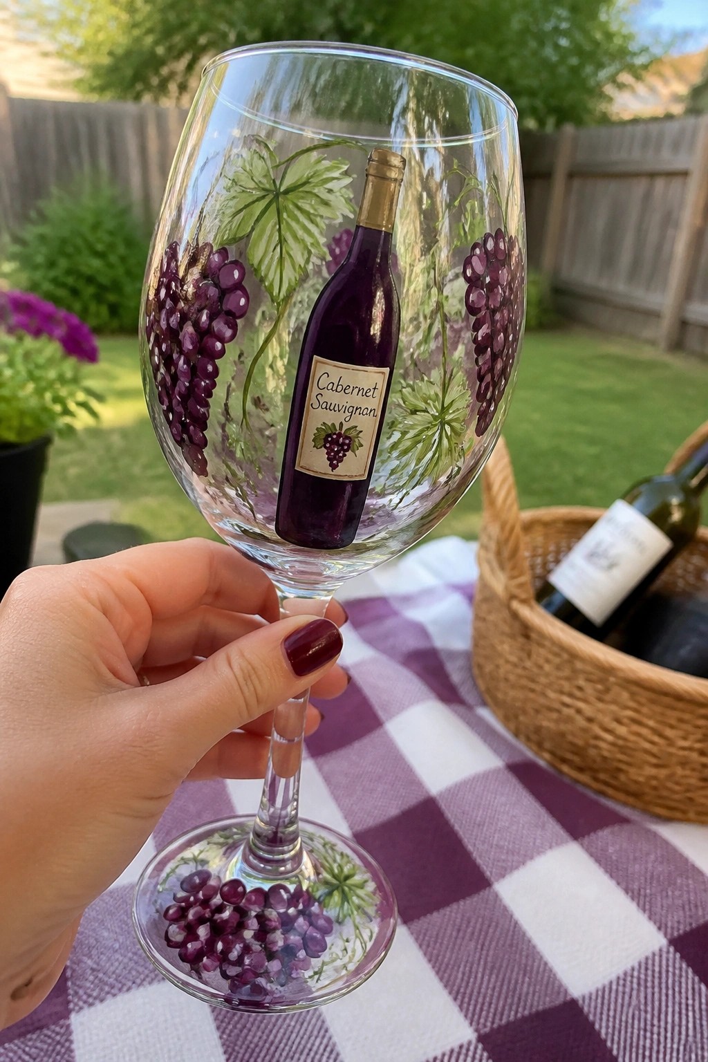 Hand holding wine glass painted with Cabernet Sauvignon bottle and purple grapes on checkered cloth.