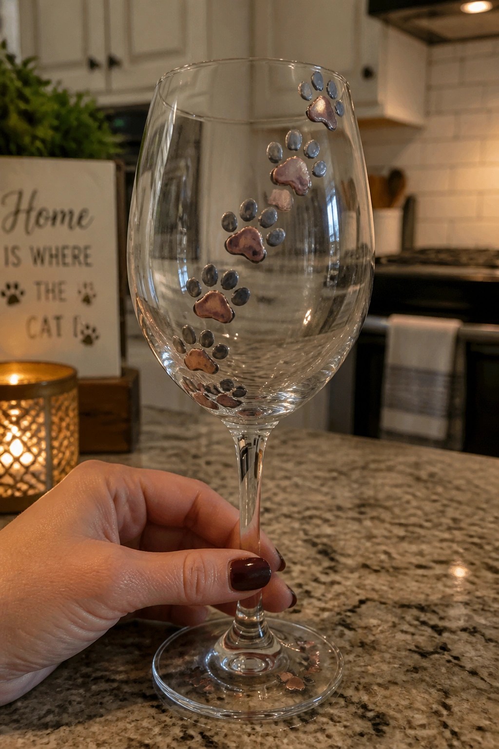Hand holding wine glass with cat paw prints on kitchen counter
