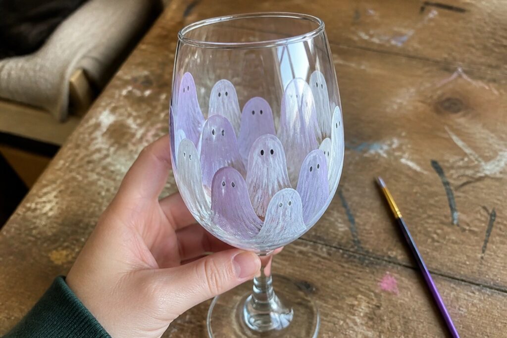 21 Personalized Halloween Wine Glass Gift Ideas for Friends and Family Wine glass hand-painted with white and purple ghosts on wooden table beside brush