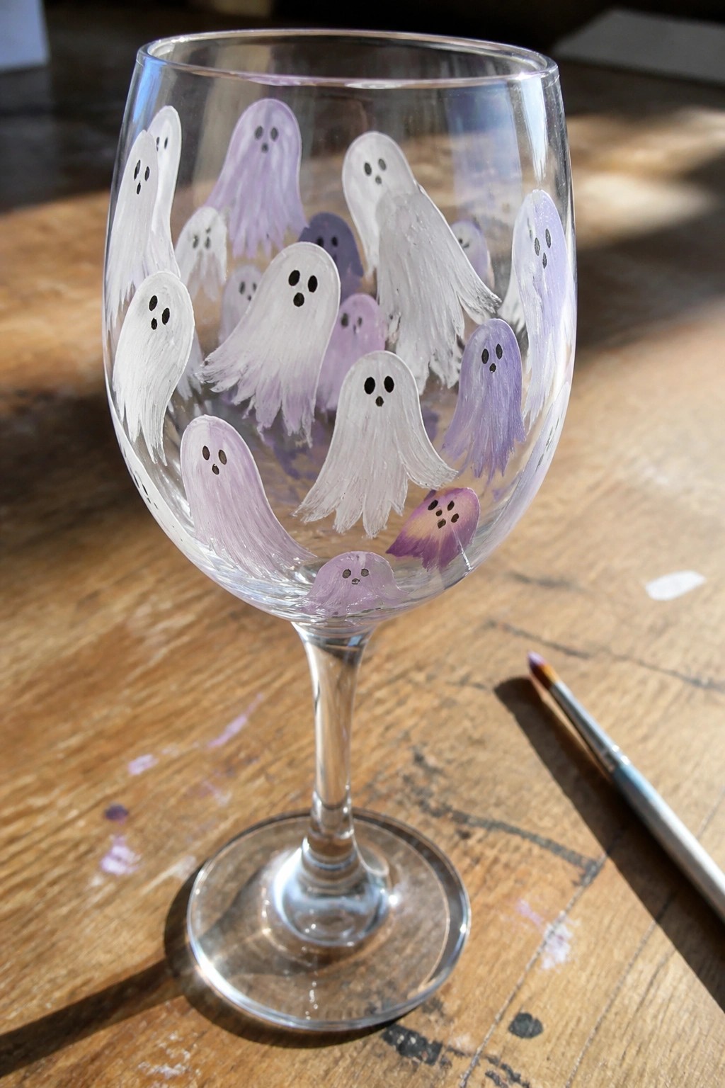 Wine glass hand-painted with white and purple ghosts on wooden table beside brush