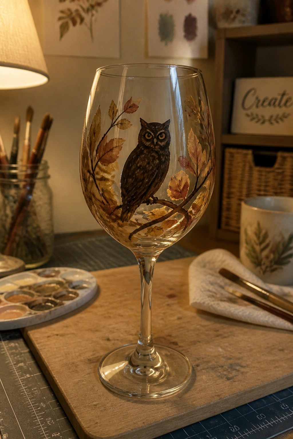 Painted wine glass with owl on branch amid autumn leaves in art studio