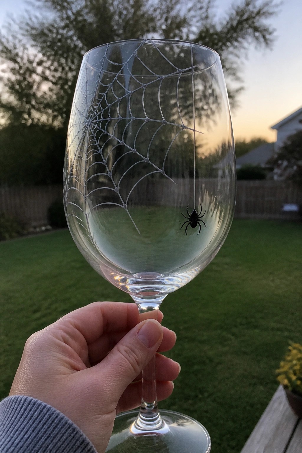 Hand holding wine glass with spiderweb etching and dangling black spider at dusk