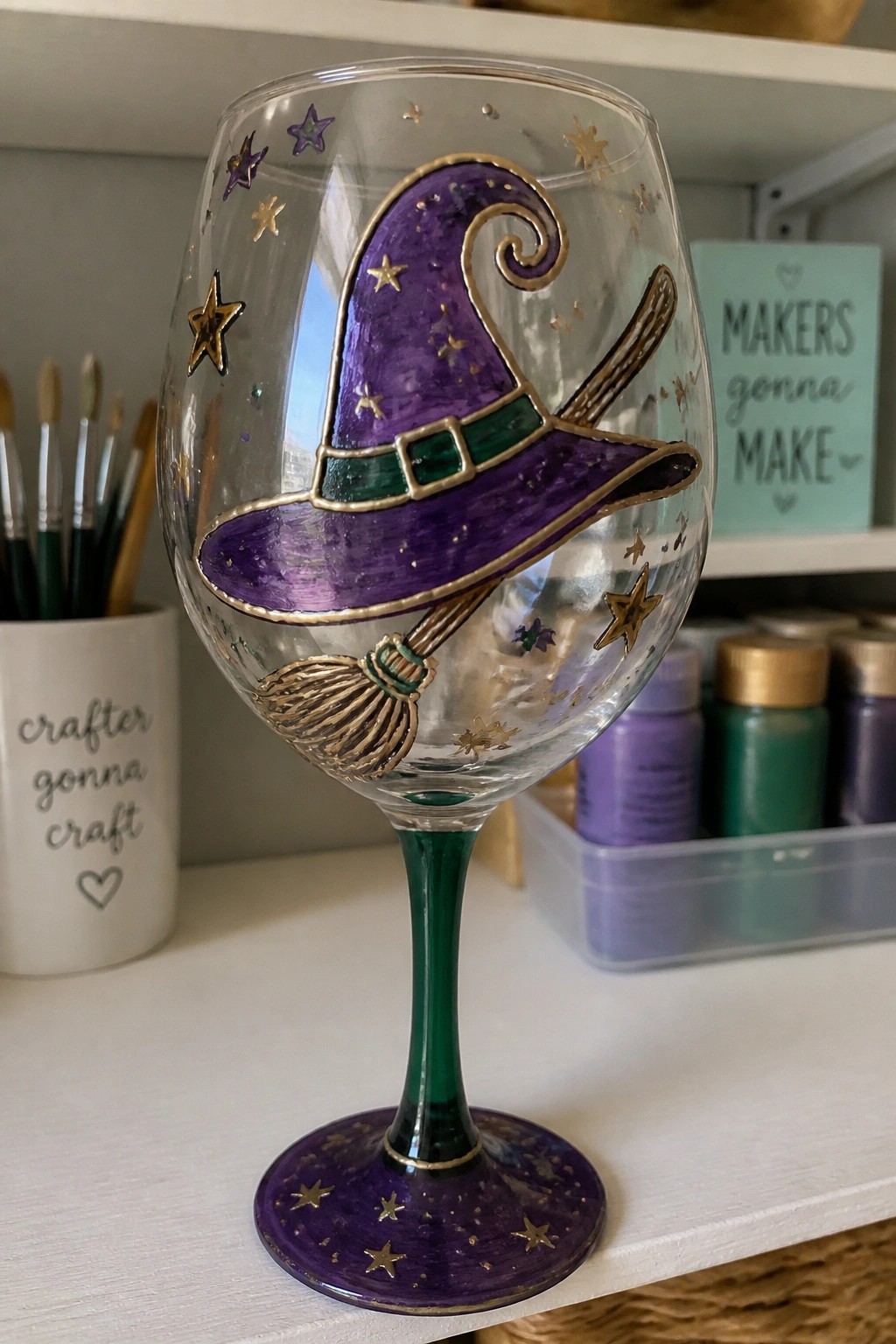 Painted wine glass with purple witch hat, broom, and gold stars on green stem.