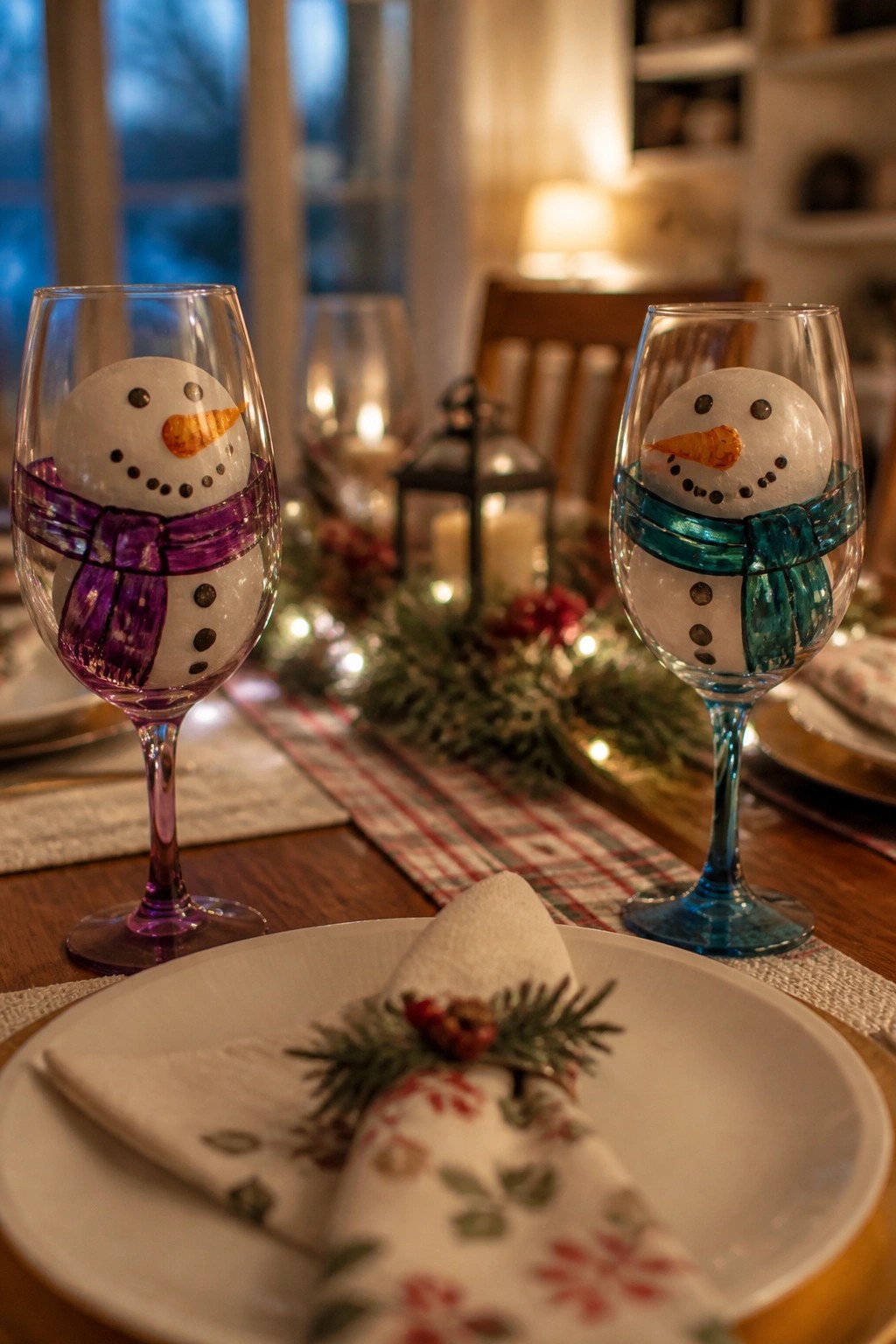 Snowman wine glasses with purple and teal scarves on festive holiday table