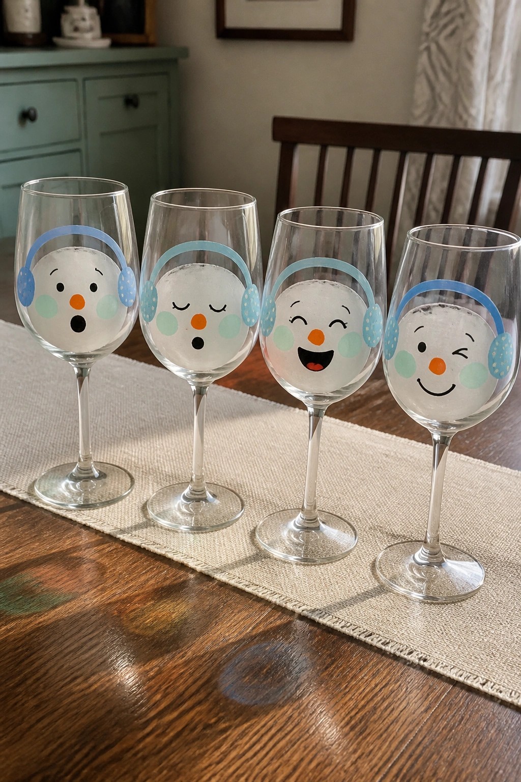 Four wine glasses with snowman faces and blue earmuffs on wooden table runner