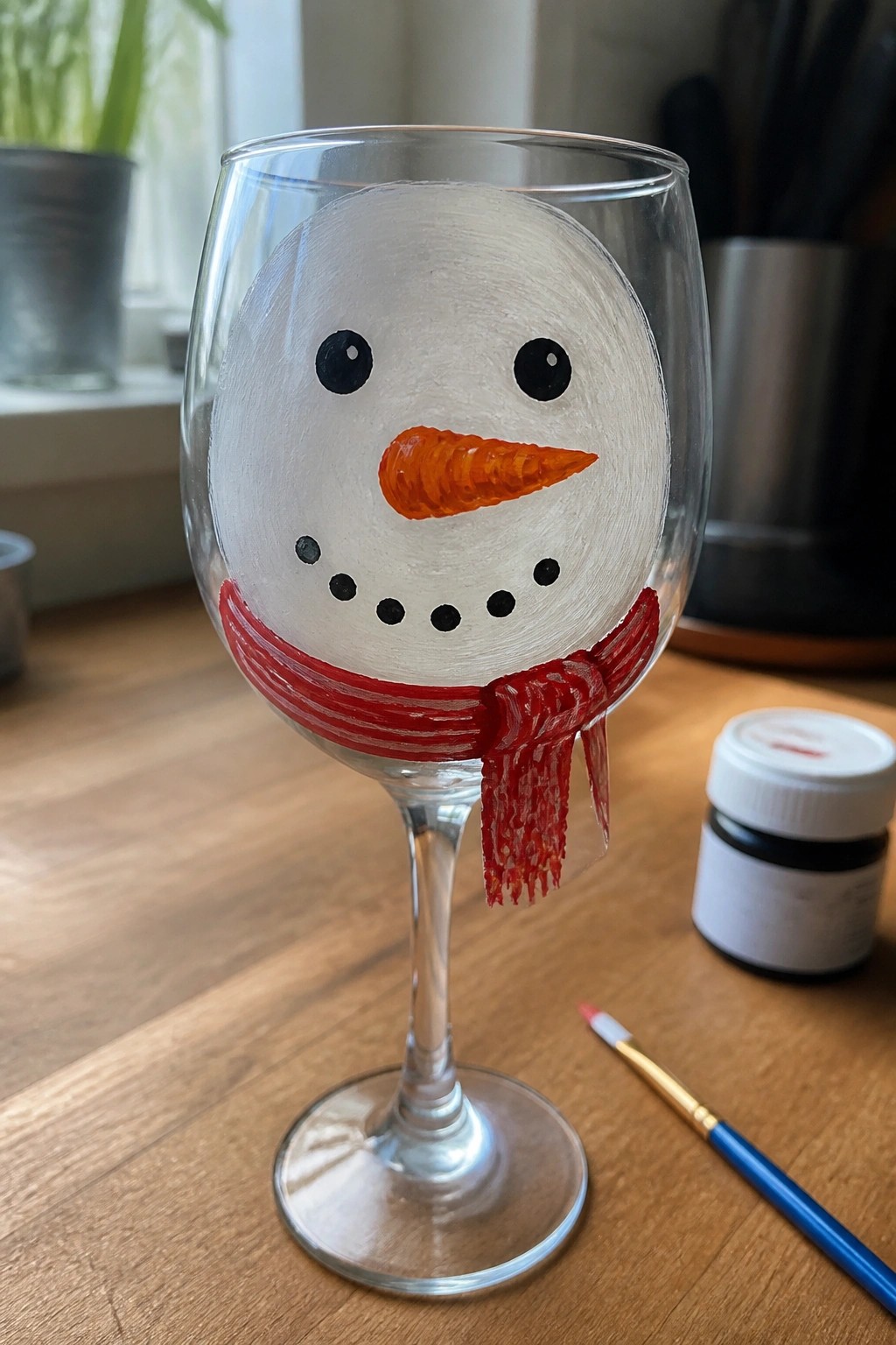 Hand-painted snowman wine glass with orange nose and red scarf on table