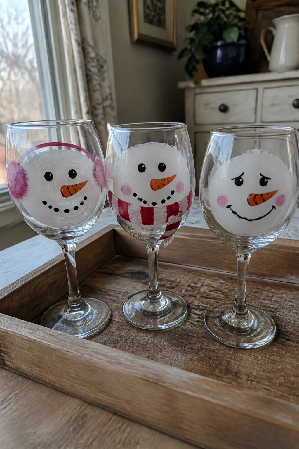 Three wine glasses with painted snowman faces on a rustic wooden tray.