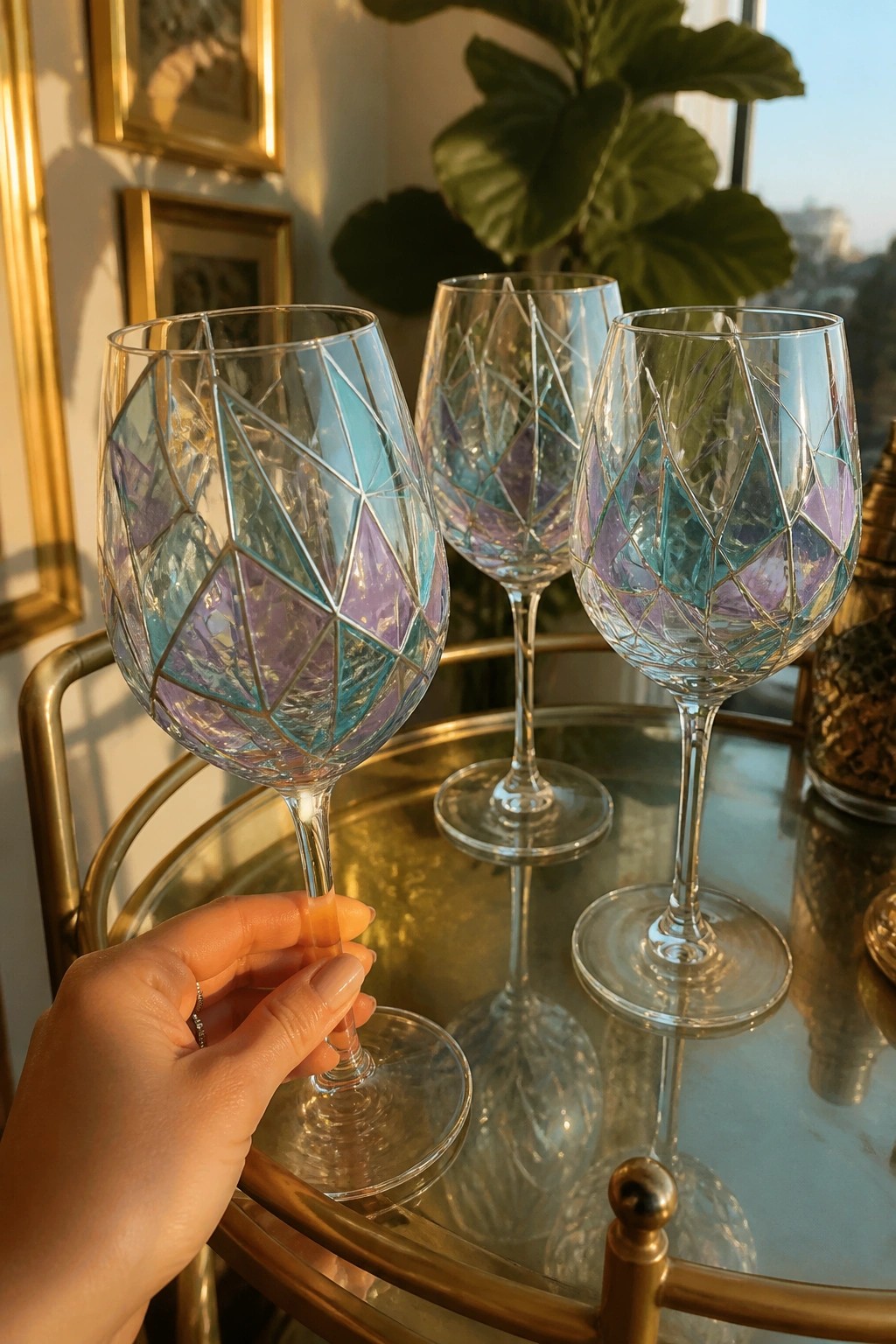 Hand holding vibrant purple and teal geometric wine glass beside two matching ones on tray