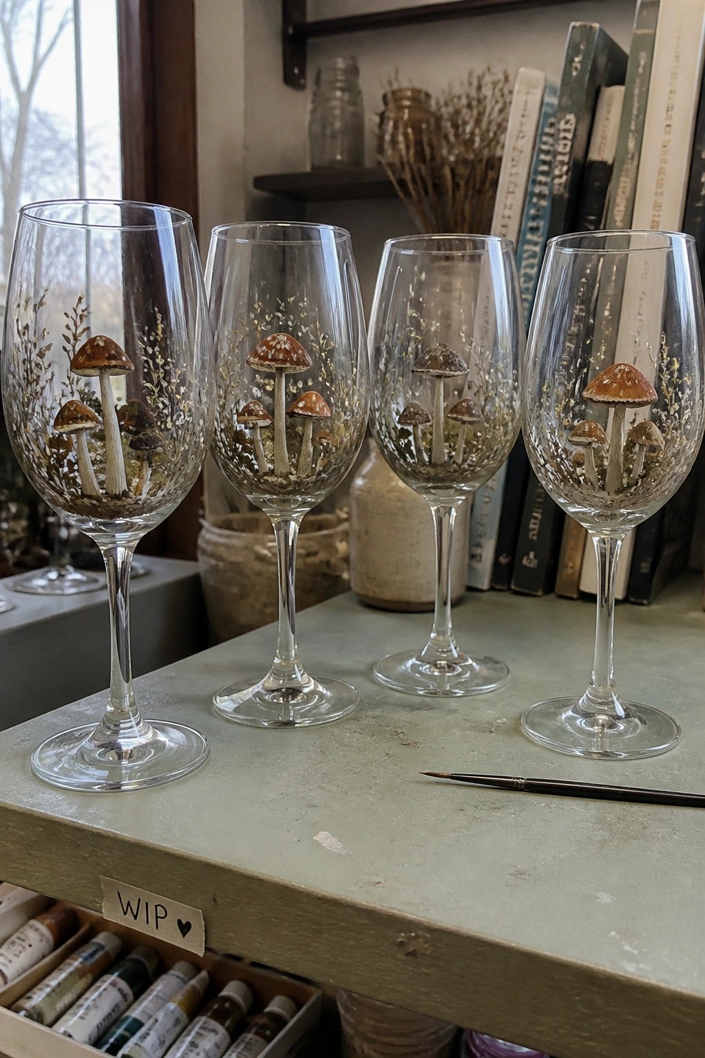 Four wine glasses hand-painted with mushrooms and gold accents beside a paintbrush