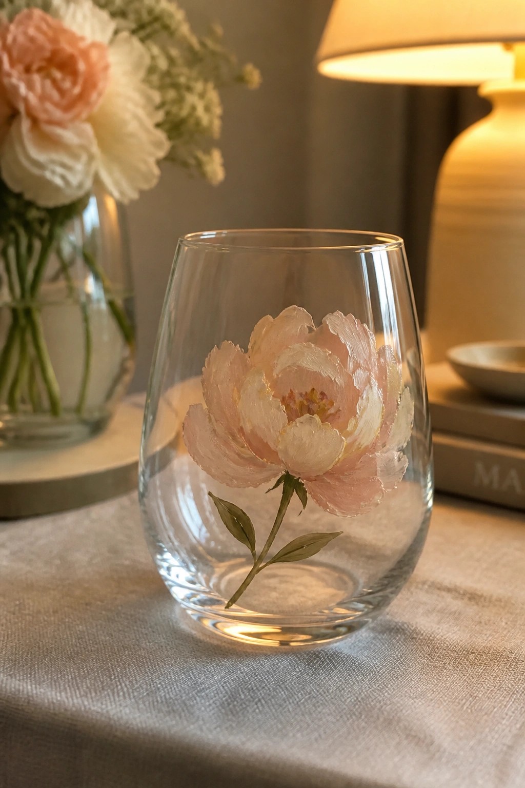 Clear glass with hand-painted pink peony on light fabric tablecloth