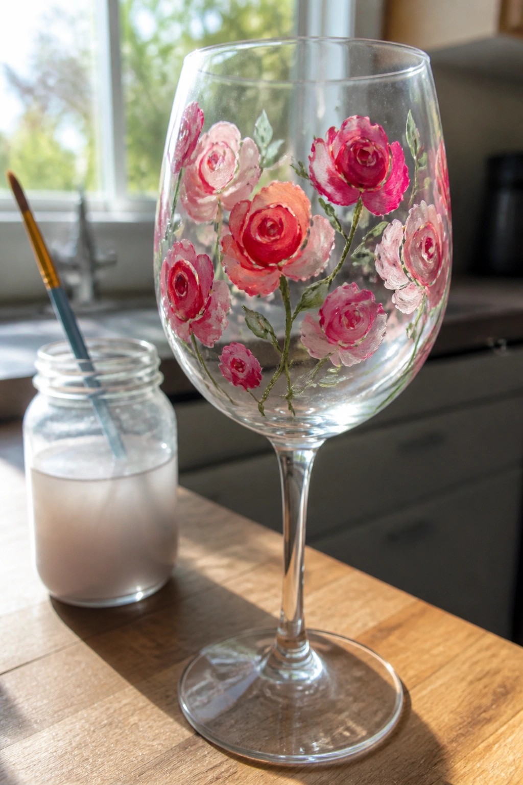 Painted wine glass with pink roses beside paintbrush in jar on wooden counter.