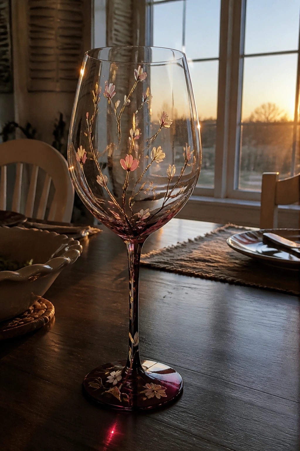Ornate purple wine glass with pink-gold floral branches on wooden table at sunset