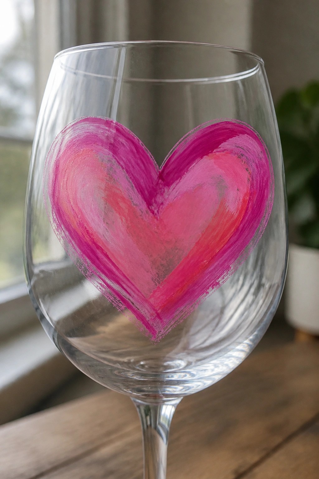 Clear wine glass with large pink heart painted in brushstrokes.