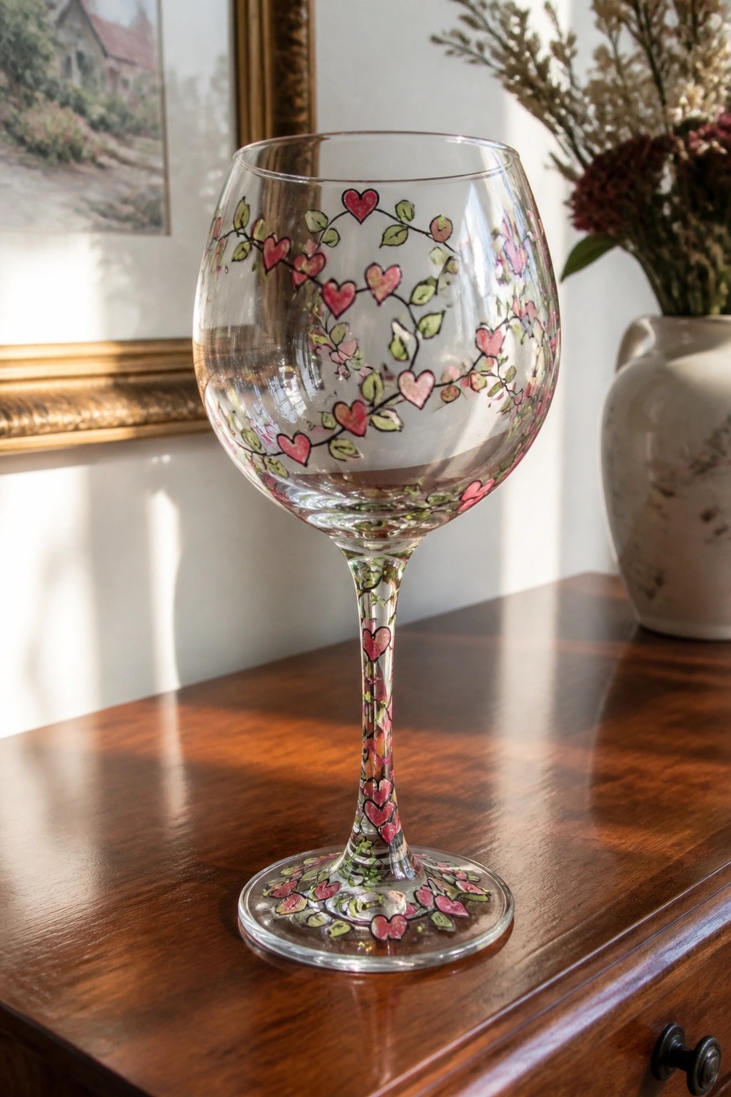 Painted wine glass with pink hearts and green vines on wooden table