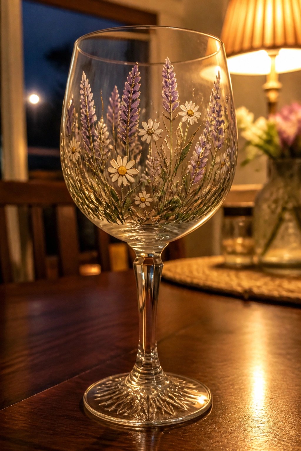 Stemmed wine glass hand-painted with purple lavender and white daisies on wooden table