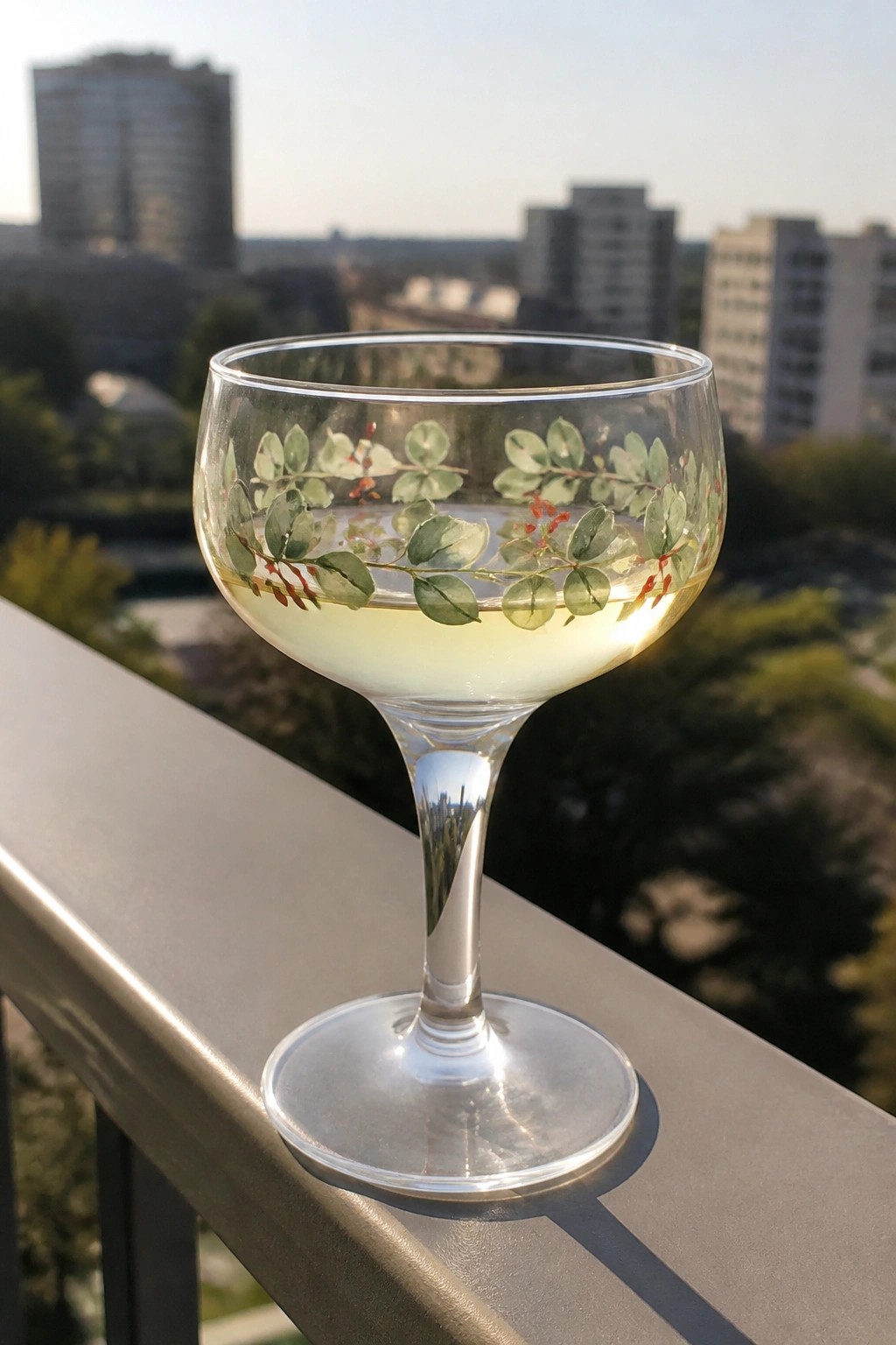 Stemmed glass with leaf and berry motifs holds pale yellow liquid on balcony railing.