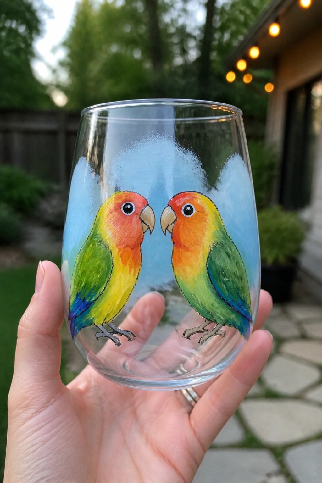 Hand holding clear glass with two colorful facing lovebirds on blue background