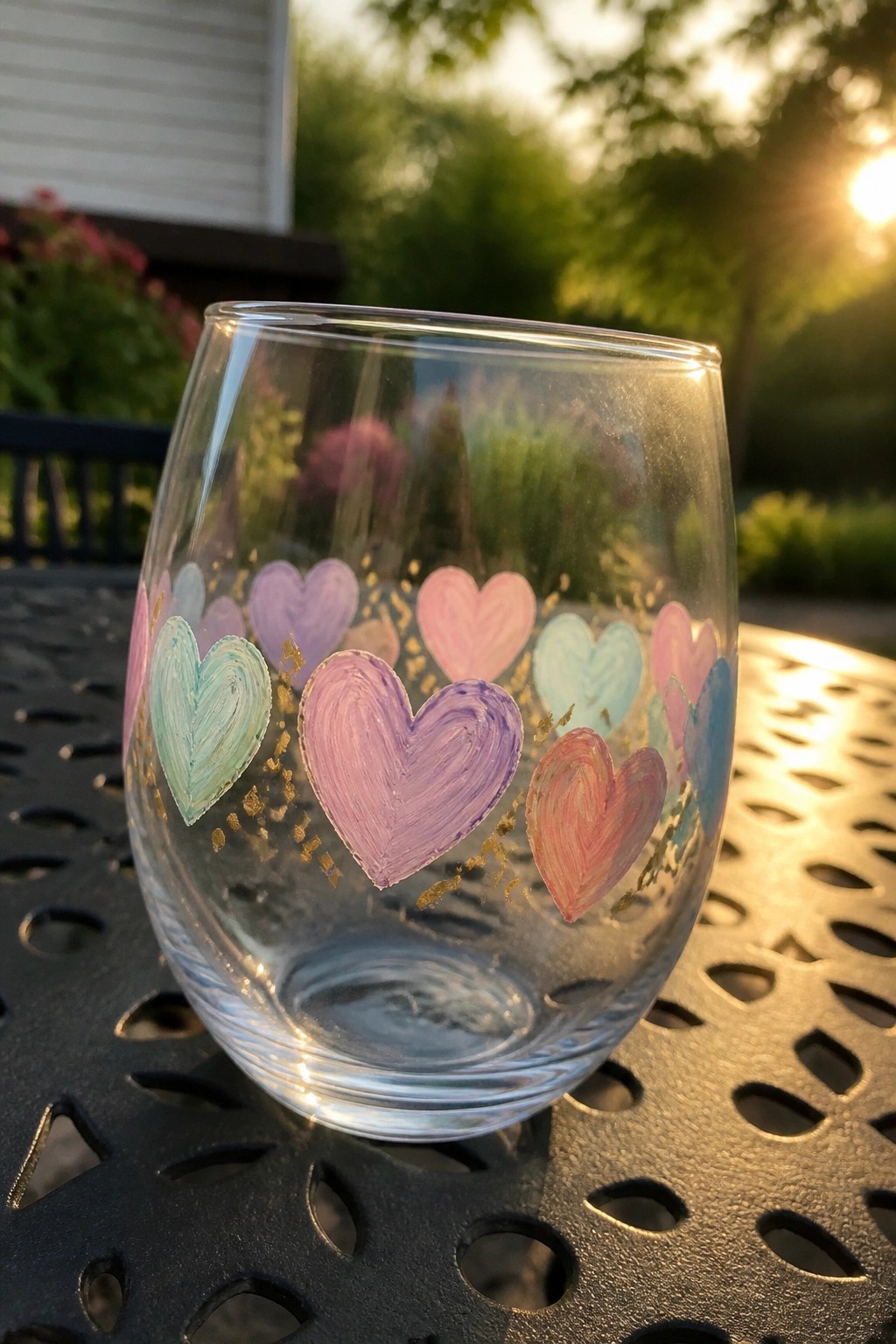 Stemless glass with pastel hearts and gold glitter on black metal table outdoors