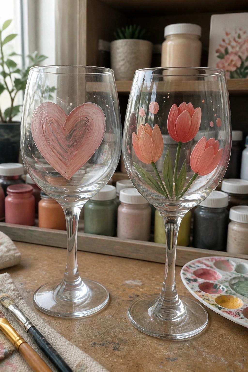 Two wine glasses painted with pink heart and tulips amid paint jars and brushes.