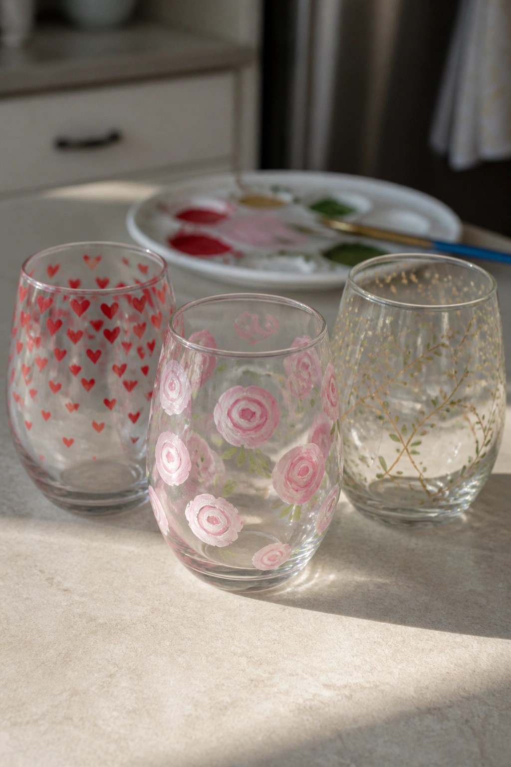 Three stemless glasses painted with red hearts, pink roses, and gold branches.