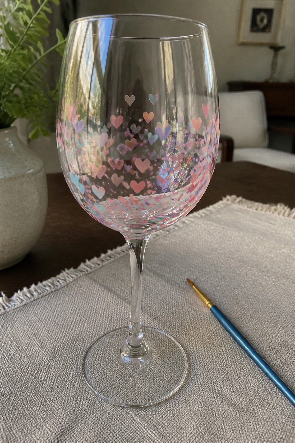 Wine glass with colorful heart decals beside paintbrush on fringed cloth