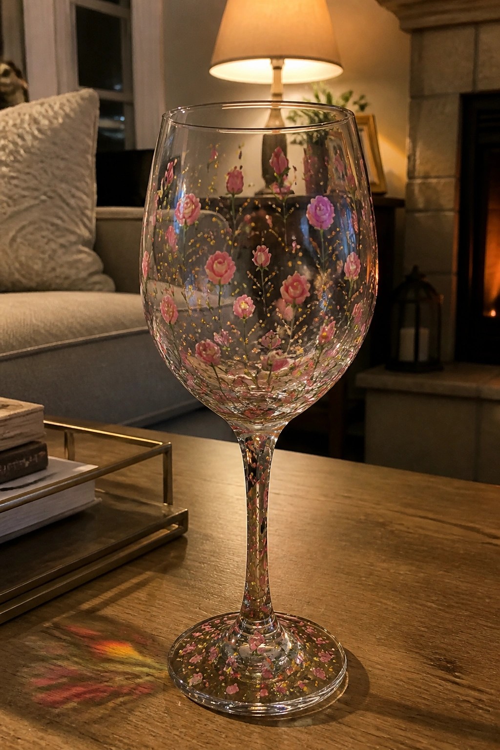 Ornate wine glass with pink roses and gold accents on wooden table.