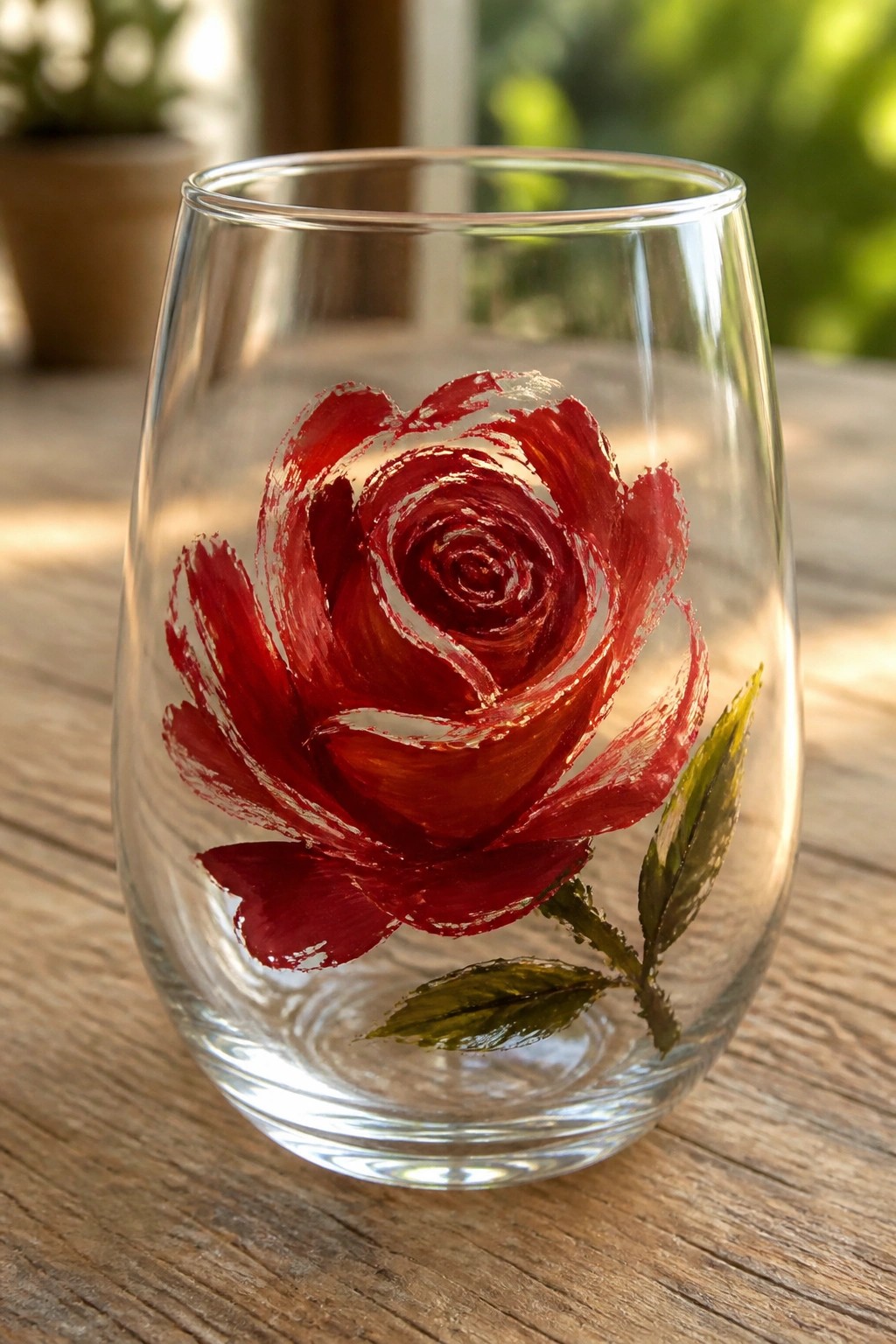 Clear stemless glass with hand-painted red rose and green leaves on wood.