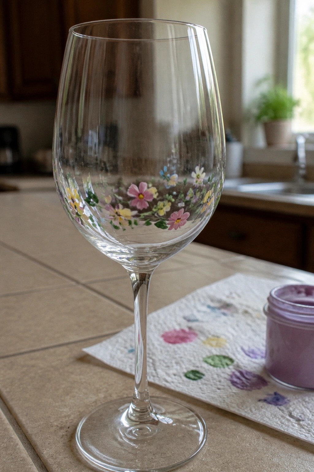 Wine glass hand-painted with pink, yellow, and blue flowers beside paint jar on counter.