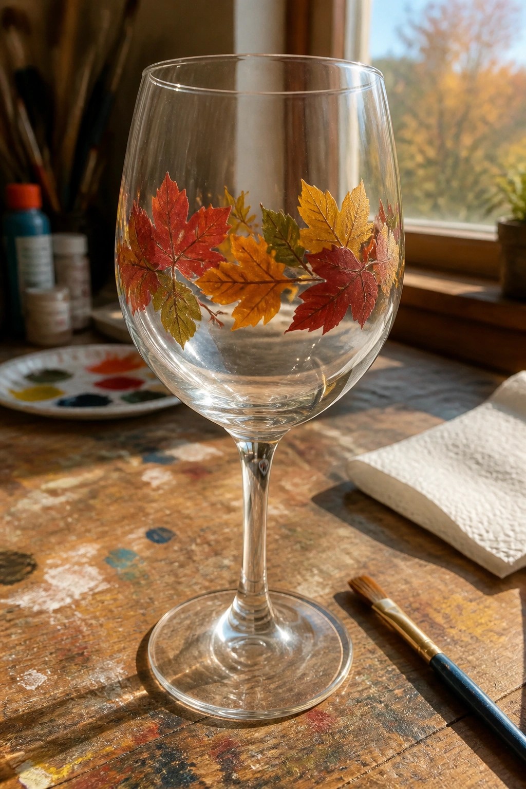 Wine glass with colorful autumn leaves on paint-splattered wooden table with supplies