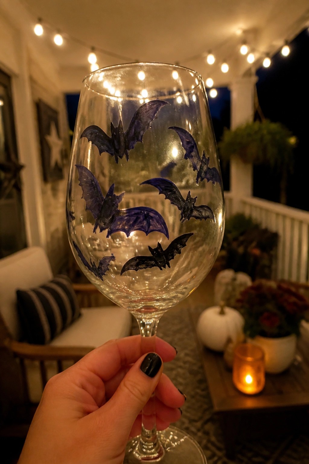 Hand holding wine glass with purple and black bat decals on night porch