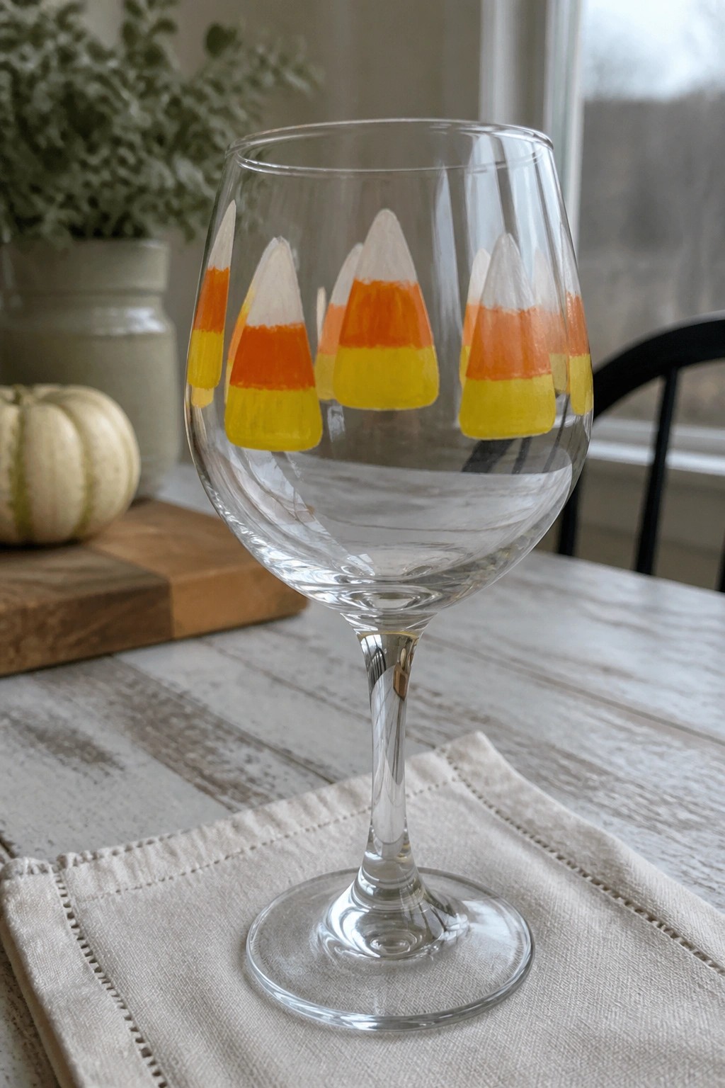 Stemmed wine glass with three painted candy corns on a beige napkin