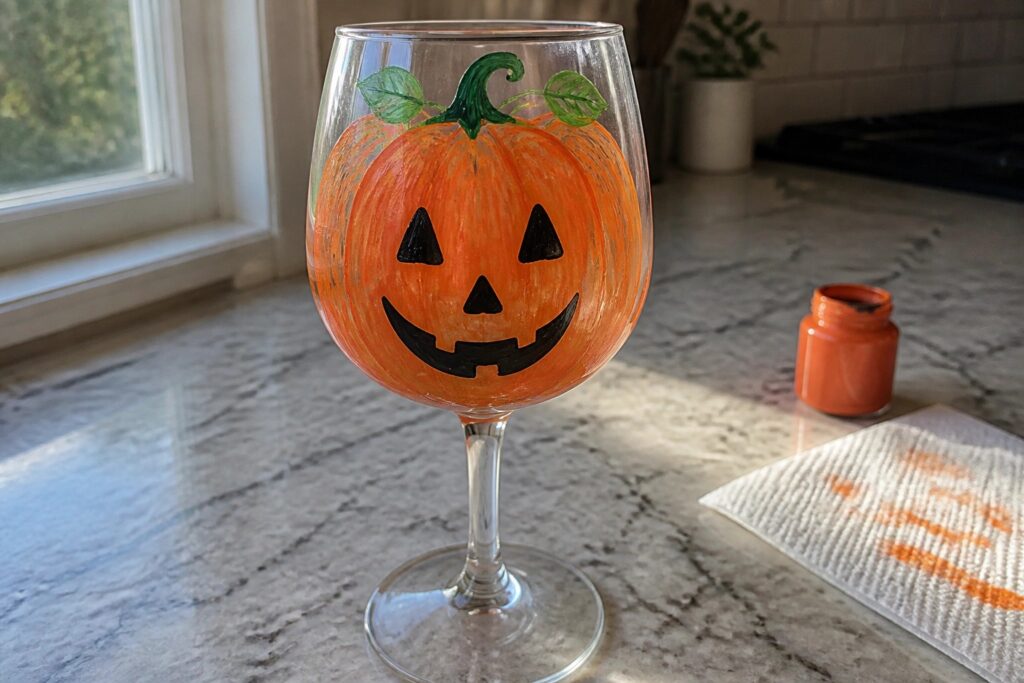 20 Simple Halloween Painted Wine Glasses Using Cute Seasonal Motifs Wine glass hand-painted as orange jack-o'-lantern with black face on marble counter