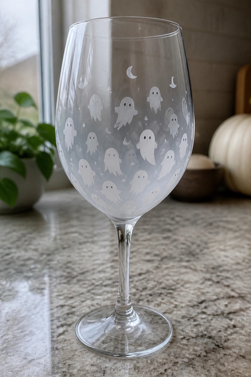Wine glass etched with white ghosts and moons on speckled kitchen counter