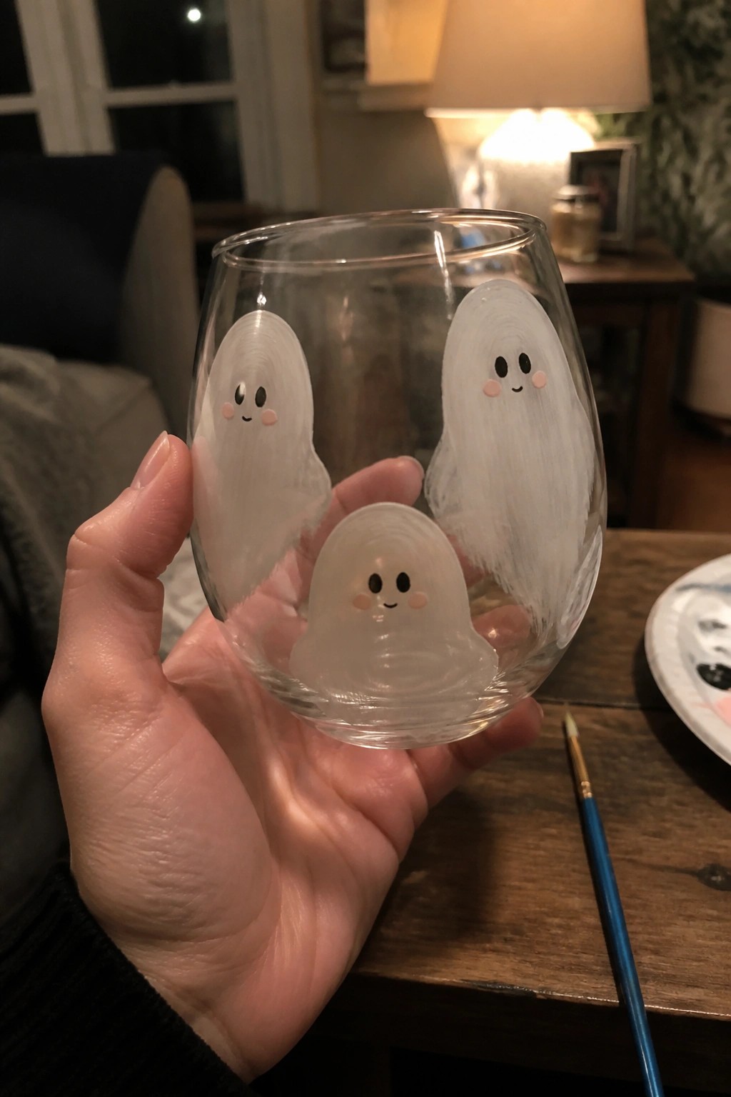 Hand holding clear glass painted with three white ghosts with pink cheeks