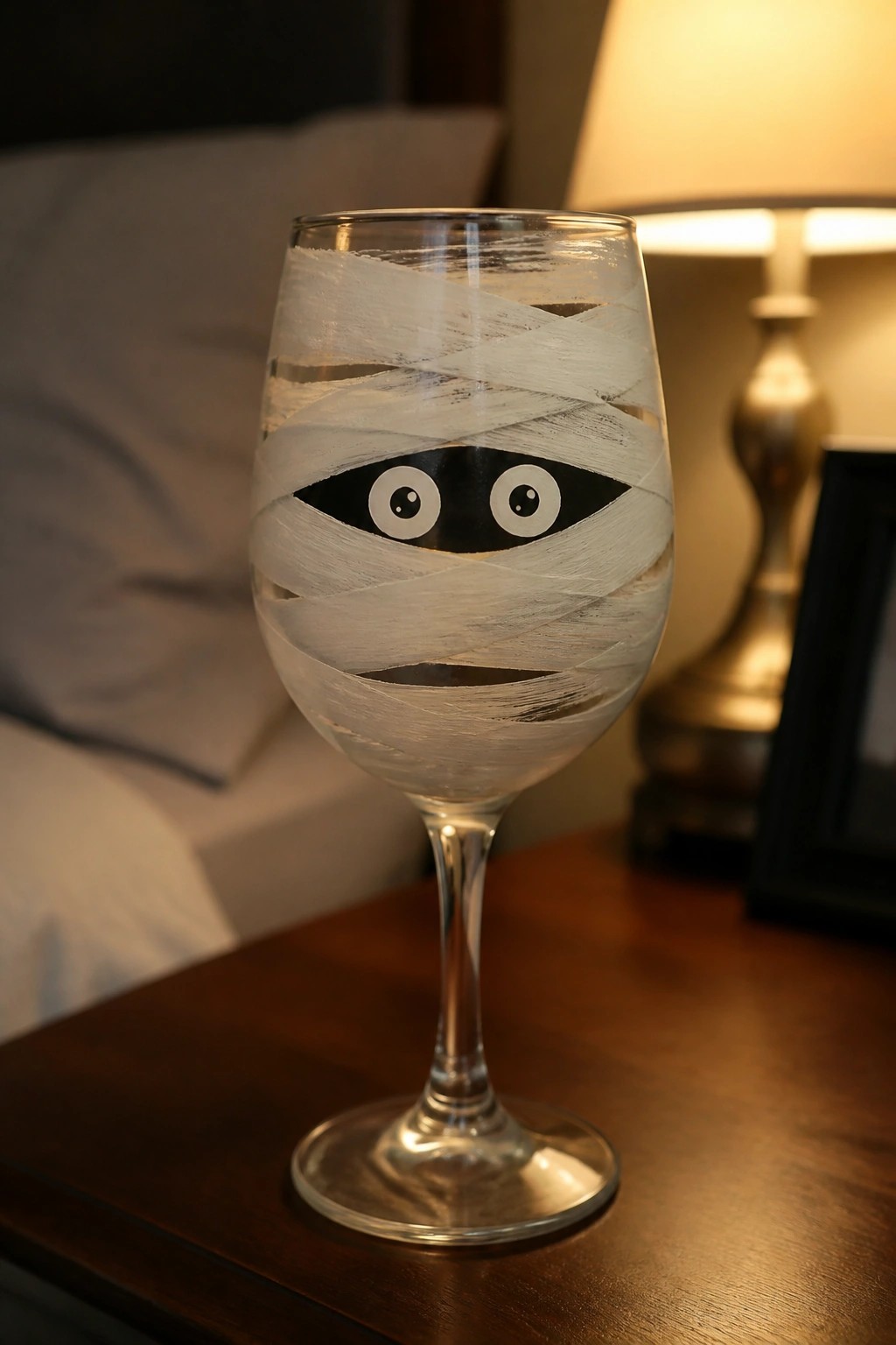 Wine glass wrapped in white bandages like a mummy with big eyes on wooden table.