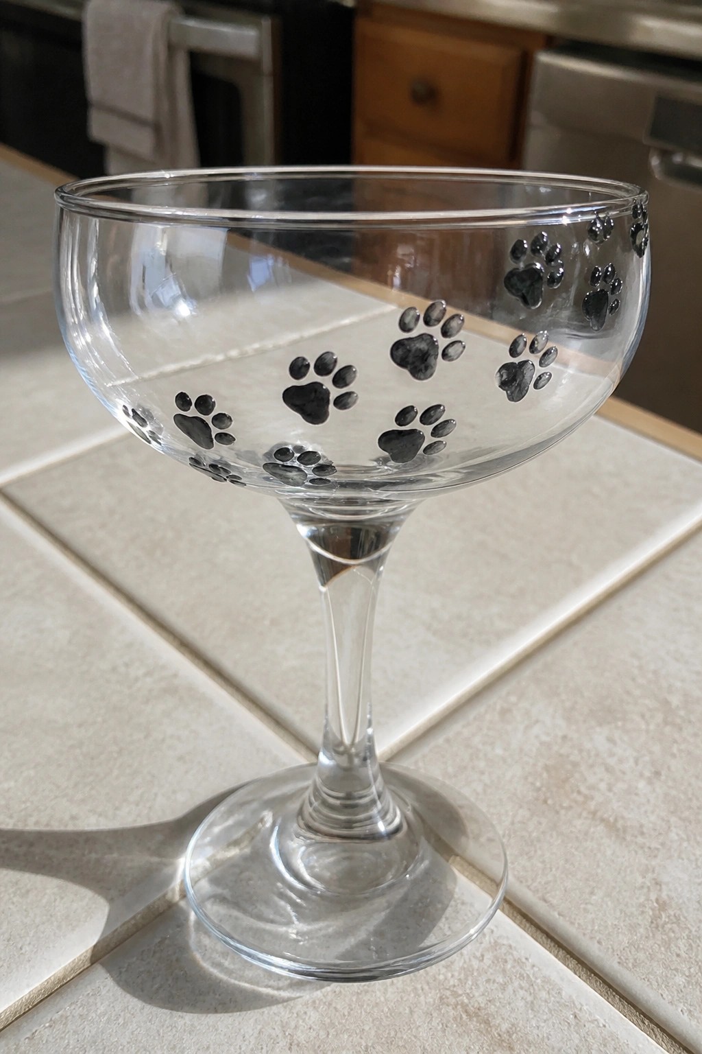 Clear stemmed glass with black paw prints on beige tiled kitchen counter